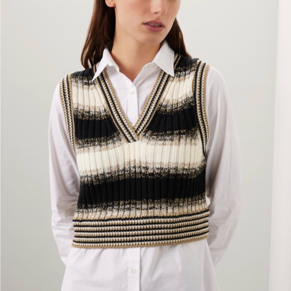 Veronica Beard Mixed Media Black and Cream Striped Sweater Vest - Picture 1 of 5